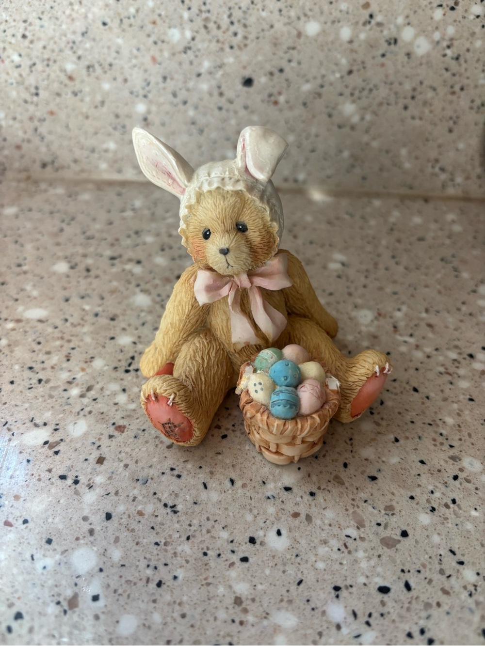 Easter Bunny Bear Figurine with Basket of Pastel Eggs